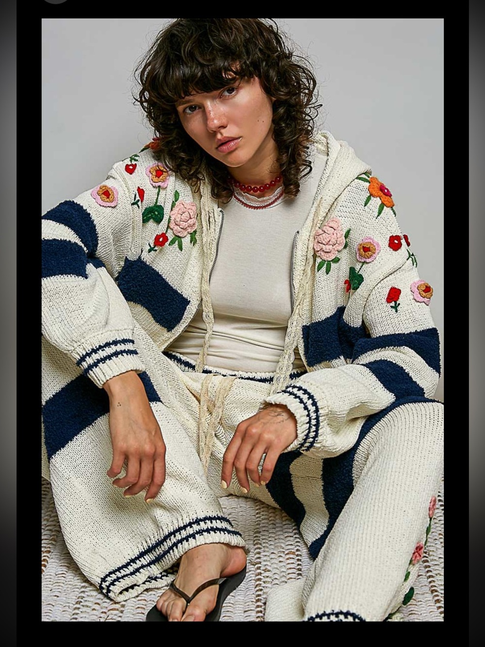 P1 | Pol Chenille Sweater Pants & Zip Hoodie Set | Floral Crochet | Sizes S-L - Picture 2 of 10